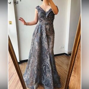 Sophisticated Gray and Blue Embellished Prom Dress